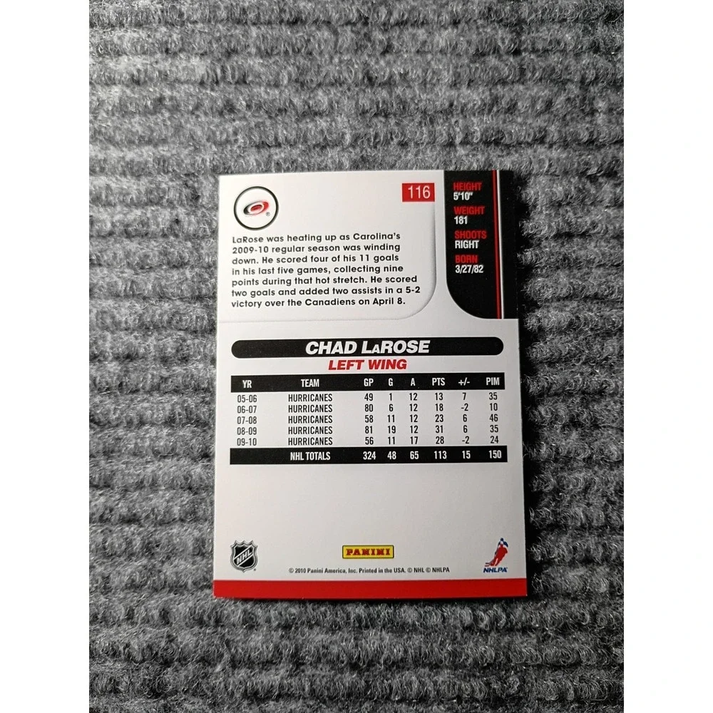Score 2010 Carolina Hurricanes Chad LaRose Hockey Card #116